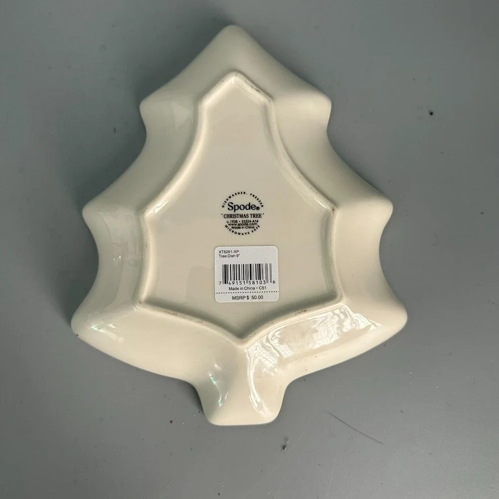 Spode Christmas Tree 9 Inch Tree Shaped Candy Dish S3324-A14 Green Trim Ceramic